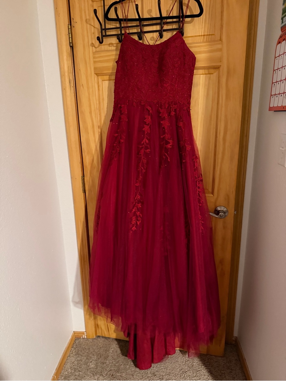 Red Embroidered Tulle Prom Dress with Spaghetti Straps